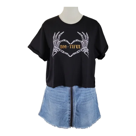 NWT Halloween Crop Top Bootiful Skelton Heart Graphic Tee Halloween Shirt L - Picture 11 of 13